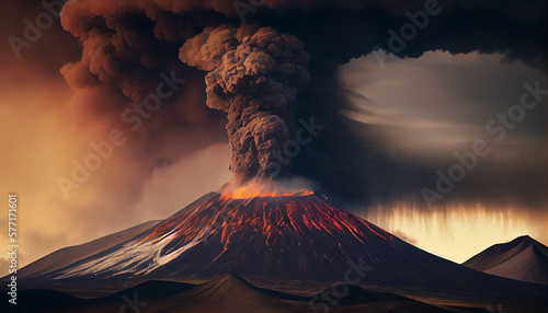 An image of an active volcano, with smoke and ash rising from the crater generated by AI photo