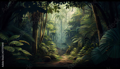 An image of a lush, tropical rainforest, with tall, dense trees and abundant wildlife generated by AI