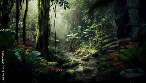 An image of a lush  tropical rainforest  with tall  dense trees and abundant wildlife generated by AI