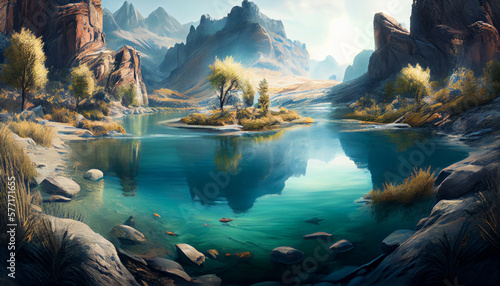 An image of a majestic river amid a mountainous landscape, with crystal-clear waters and abundant wildlife generated by AI