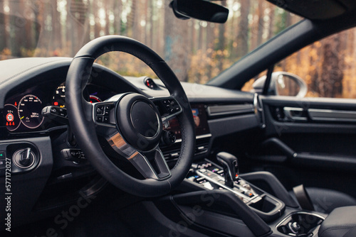 Modern car interior wide view with the leather panel, and dashboard © Moose