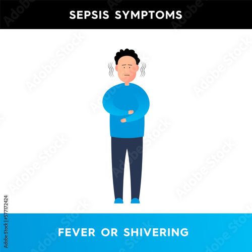 Vector illustration of a man whose lips are trembling due to temperature. The person experiences trembling all over the body. Symptoms of sepsis. Illustration for medical articles, posters.