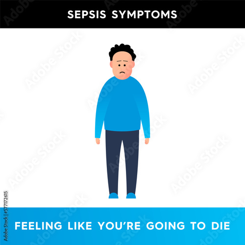 Vector illustration of a sad man who is in fear. Because of the disease, a person feels as if he is dying. Infectious diseases. Symptoms of sepsis. Illustration for medical articles, posters.