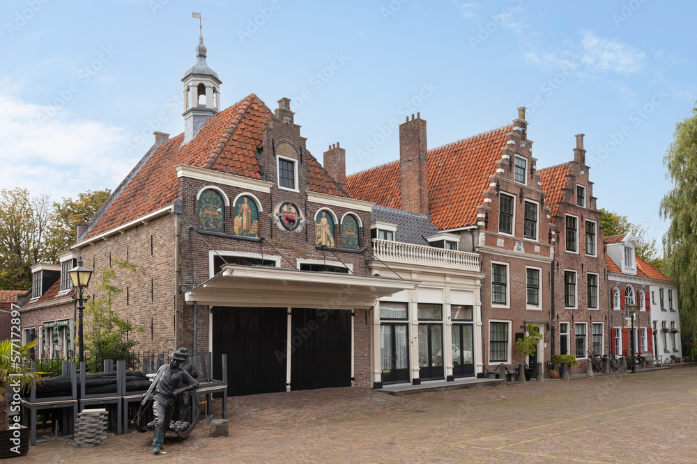 Historic buildings on the Market Square in the center of the picturesque town of Edam in the Netherlands.