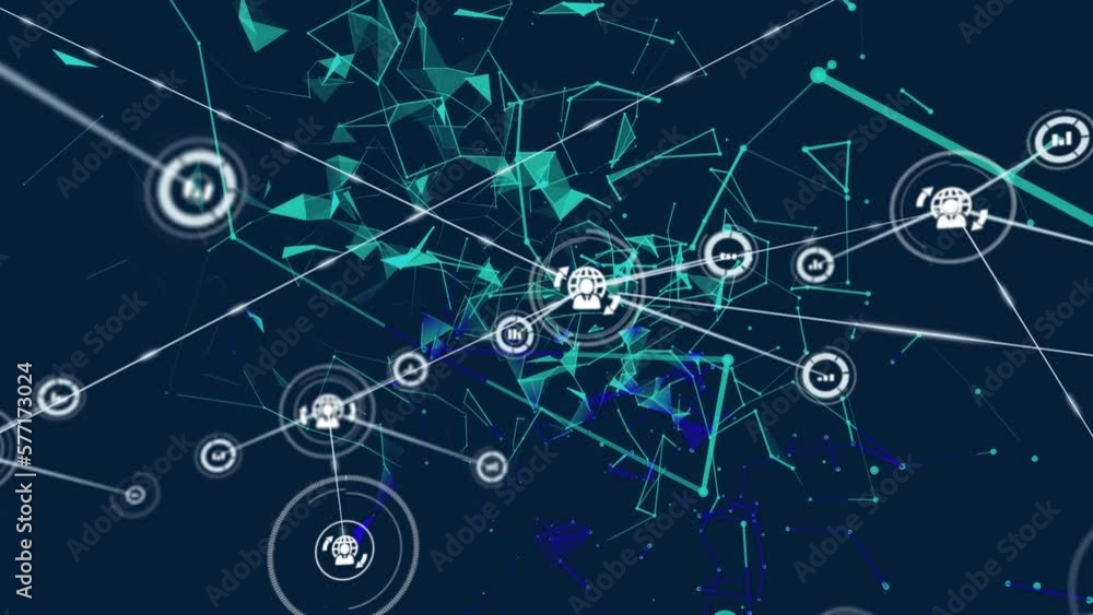Animation of network of connections with icons and triangles over dark blue background Animation of network of connections with icons and triangles over dark blue background