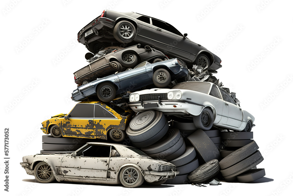 A mountain of old broken cars lying in a junkyard, white background. Generative ai