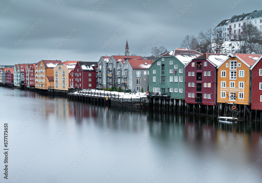 Trondheim in Norway - old buildings of Bryggerekka and Nidelva