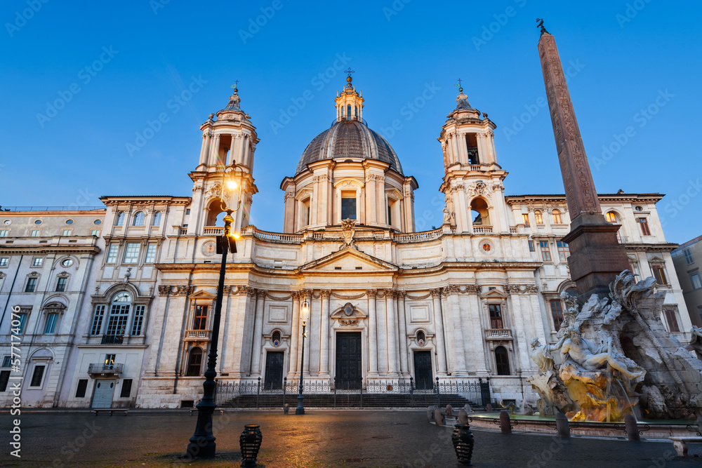 Piazza Navona at the Obelisk and Sant'Agnese in Rome, Italy