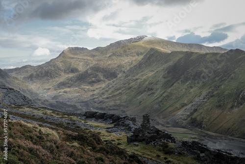 Dinowig Quarry and Snowdon Massif in Snowdonia national park, Wales UK