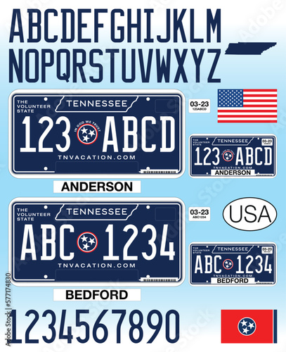 New Tennessee car license plate blue style, 2023, letters, numbers and symbols, vector illustration, USA