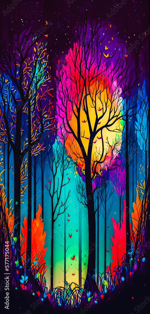 Naklejka premium Abstract vibrant colorful forest path portrait wallpaper - generative AI