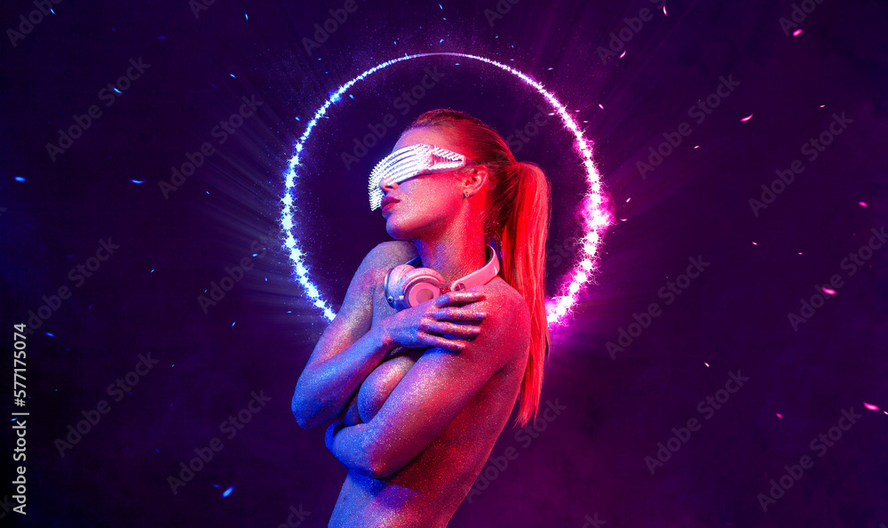 Poster with hot DJ woman in neon lights. Portrait of sexy TDJ at the night club party. Mixtape or book cover design - download high resolution picture for your song cover. The template for song album. - obrazy, fototapety, plakaty 