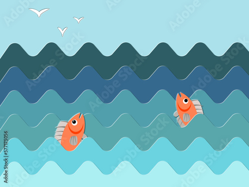 Digital abstract illustration with a stormy sea and fish in a children's style. Suitable for poster, presentation, textile