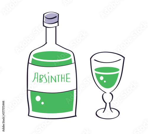Green absinthe bottle and glass isolated vector illustration