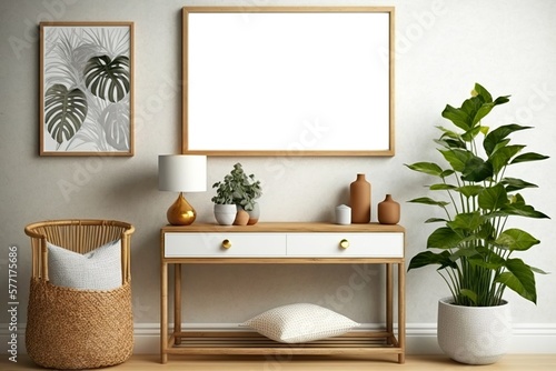 Bilderrahmen Mockup im Arbeitszimmer mit kleinem Sideboard, Pflanzen, Dekorationen auf weißer Tapete. . Poster oder Fotomotiv zum Einfügen für den Onlineshop