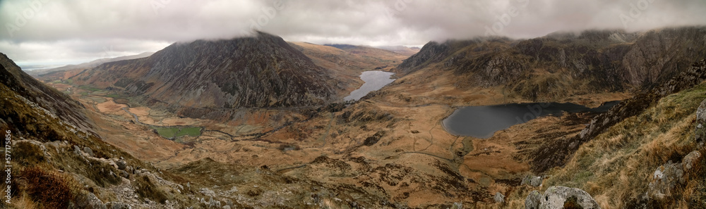 Snowdonia National Park - Wales, UK- Panoramic view of the Ogwen Valley 