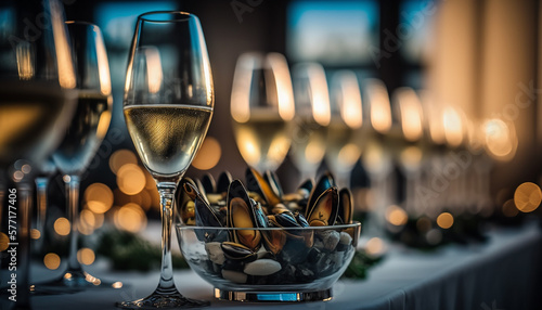 banquet buffet in a restaurant with mussels and champagne glasses .Generative AI