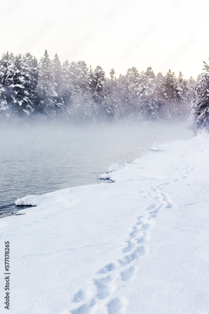 Foot prints by the foggy river Foot prints by the foggy river