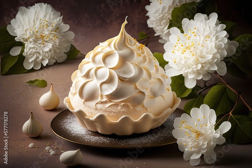 fragrant dessert meringue in shape of flower for spring holiday  created with generative ai