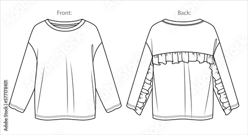 Vector long sleeved oversized top fashion CAD, woman boxy shape round neck with frill details sweatshirt technical drawing, template, mock up, flat.Jersey sweatshirt with front, back view, white color