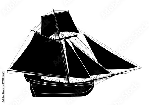 Sailing ship. Seventeenth-century bermuda sloop. Pirate ship.Side view. Vector.