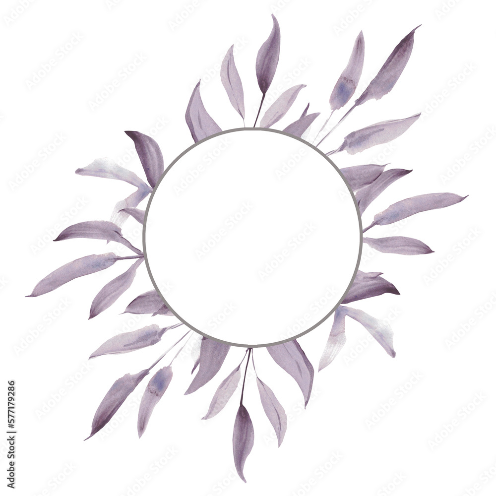 Frame. Watercolor purple leaves. A set elements on a white background. Tree leaf and branch.
