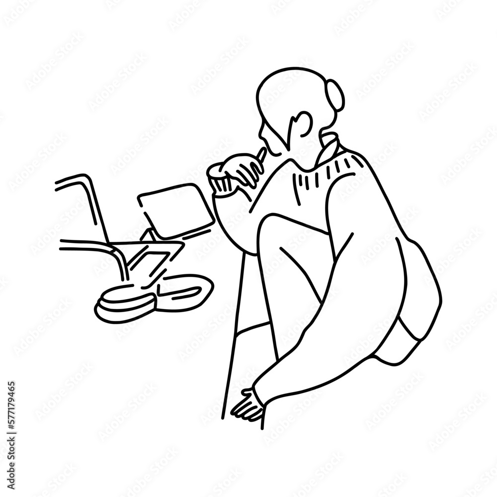 Girl sitting at the table on chair with laptop, headphones and tablet for studying. Minimal isolated illustration on white background 