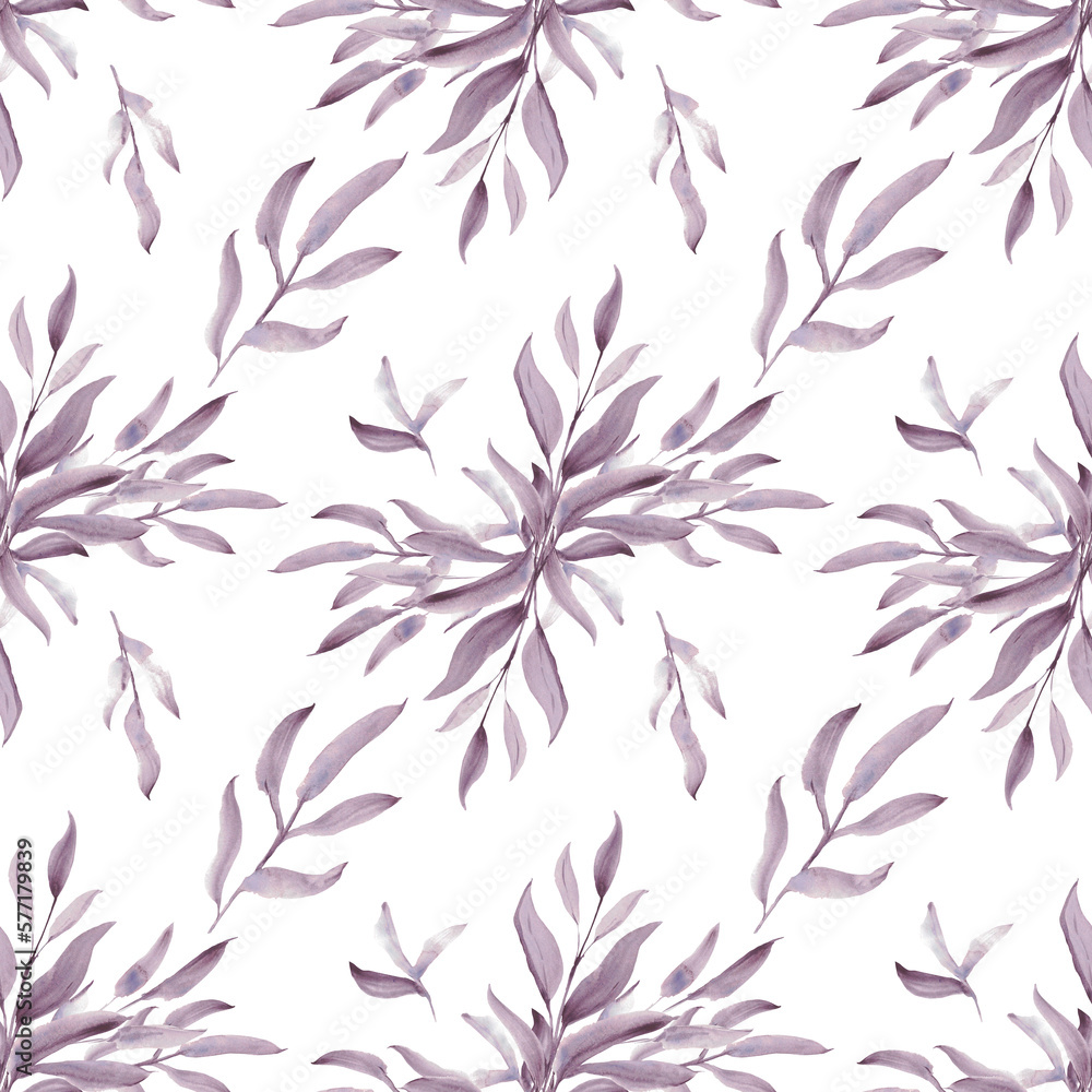 Seamless pattern. Watercolor purple leaves. A set elements on a white background. Tree leaf and branch Seamless pattern. Watercolor purple leaves. A set elements on a white background. Tree leaf and branch