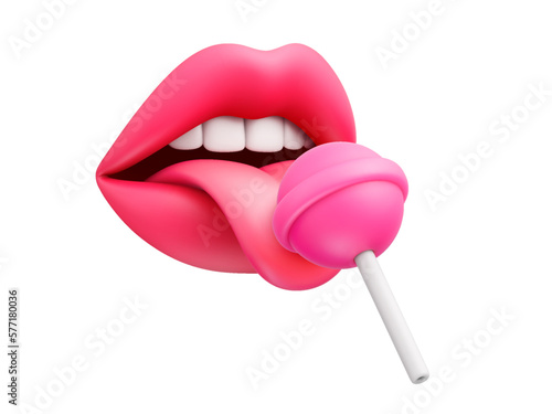Sexy female lips and tongue licking pink round sugar candy on stick. Beautiful mouth licking lollipop isolated on white background. Cartoon style. Vector illustration