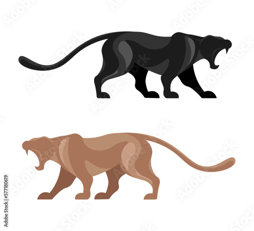 Vector illustration of a panther isolated on a white background. Charming brown and black panther characters roaring at each other in cartoon style. Logo design.