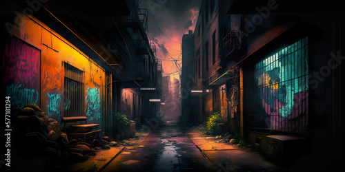 Graffiti-covered urban alleyway with dim lighting. AI generative