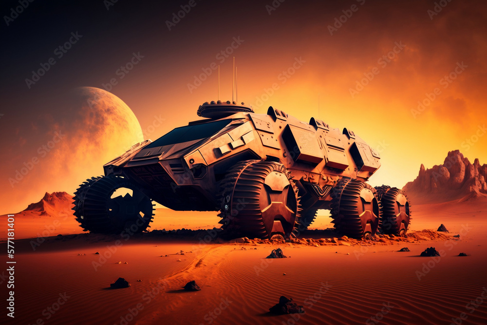 Futuristic space vehicle like Mars rover on alien planet surface, Futuristic space vehicle on alien planet surface, Generative AI