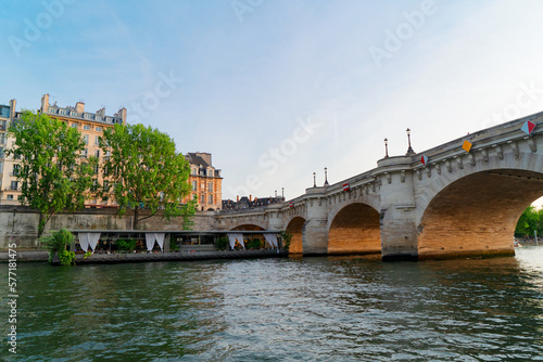 Eiffel Tower and Seine riverbank, low angle view, Paris, France