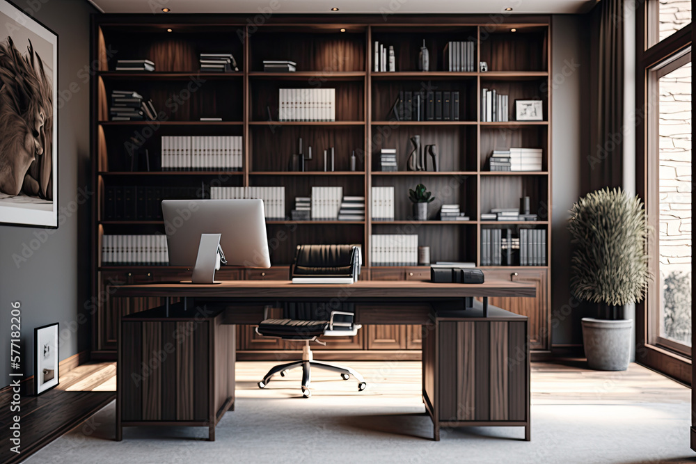 Large office with wooden bookshelf covered walls, and large wooden desk. Generative AI Large office with wooden bookshelf covered walls, and large wooden desk. Generative AI