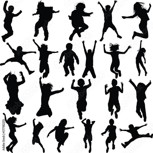 Set of kids jumping silhouettes. Kids jumping vector illustration. Boys and girls jumping icon with transparent background