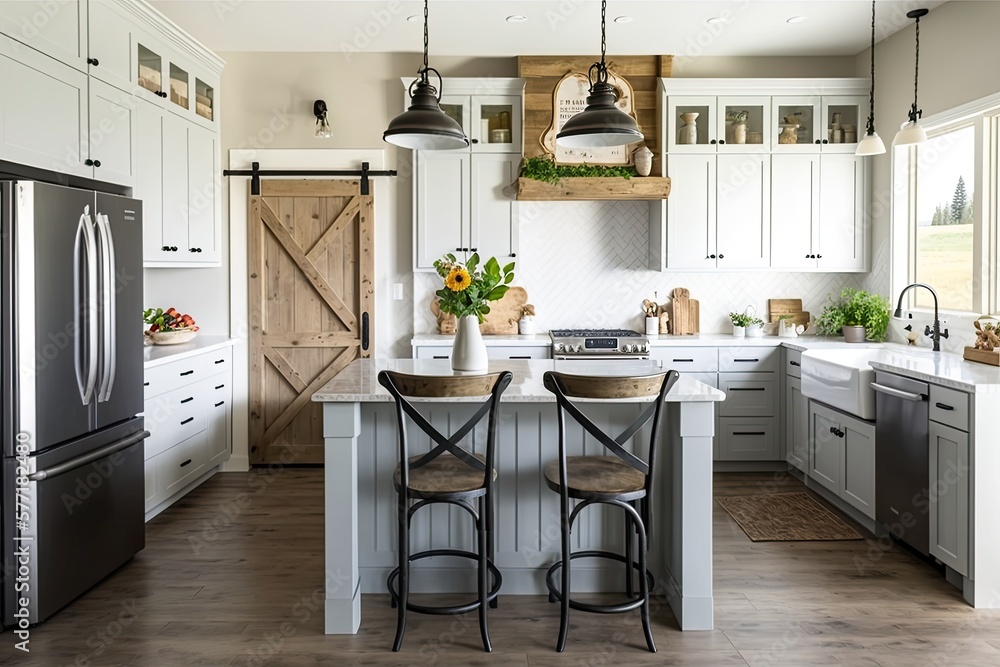 Bright, spacious and modern farmhouse style kitchen. Generative AI - obrazy, fototapety, plakaty 