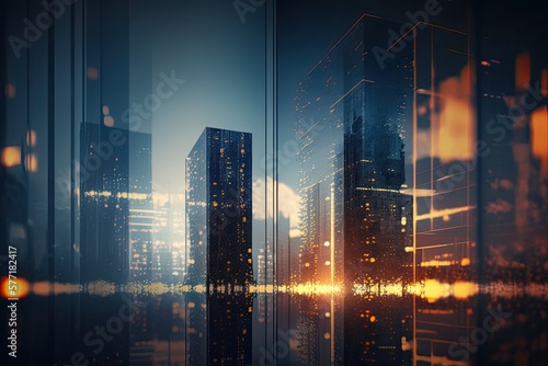 Downtown cityscape with bokeh, blur, and reflection in a glass panel of a skyscraper facade. Urban and corporate architecture in sunrise. Generative AI