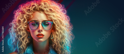Retro blonde girl straight front view with curly hair wearing big 1970s sunglasses, pink and blue colored background with copy space, generative AI