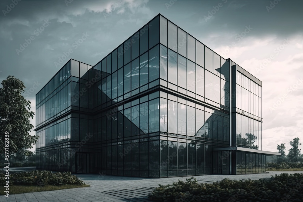 Contemporary all glass office building, modern style. Generative AI Contemporary all glass office building, modern style. Generative AI