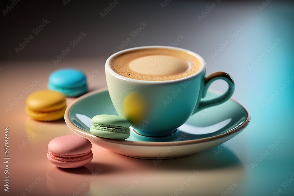 A cup of coffee with macaroons, delicious latte on plate A cup of coffee with macaroons, delicious latte on plate