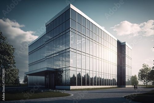 Contemporary office building with a glass facade, modern style. Sun shining. Generative AI