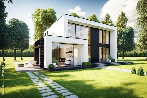 Very modern house with garden in front on a sunny day, with green lawn and trees and porch. Generative AI