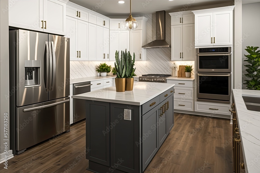 Kitchen in brand new luxury home with hardwood floors, stainless steel appliances, quartz waterfall island in the middle. Generative AI Kitchen in brand new luxury home with hardwood floors, stainless steel appliances, quartz waterfall island in the middle. Generative AI