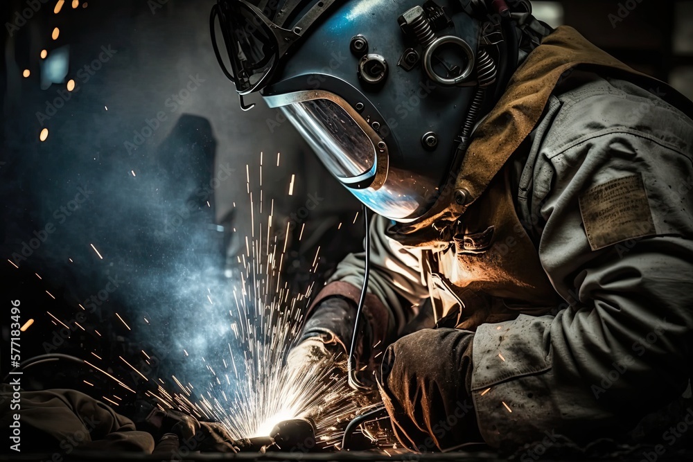 Welder welding metal, lots of sparks, wearing protective welding gear. Generative AI Welder welding metal, lots of sparks, wearing protective welding gear. Generative AI