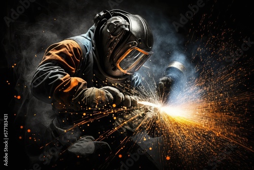 Welder welding metal, lots of sparks, wearing protective welding gear. Generative AI © MVProductions