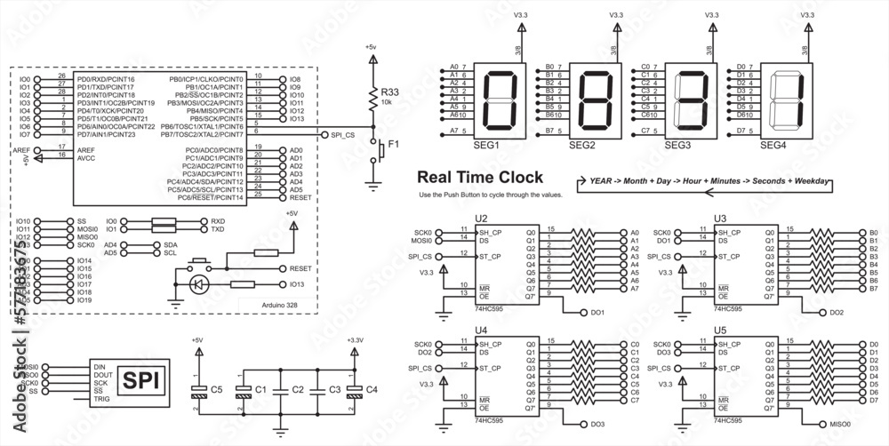 Vector schematic diagram of an electronic device on arduino.
Data transmission via the spi interface.
Real time clock on the basis of microcontroller and
seven-segment indicators. Array of capacitors