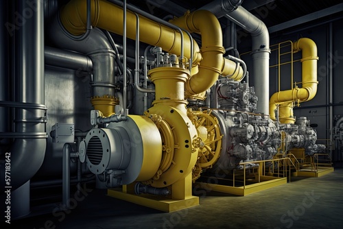 Industrial pump and boiler room in a power plant, yellow colored pumps, valves and pipes. Generative AI