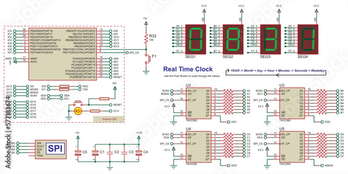 Vector schematic diagram of an electronic device on arduino.
Data transmission via the spi interface.
Real time clock on the basis of microcontroller and
seven-segment indicators. Array of capacitors
