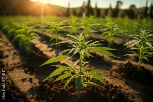 Small young cannabis plant on a farm plantation closeup. Generative AI