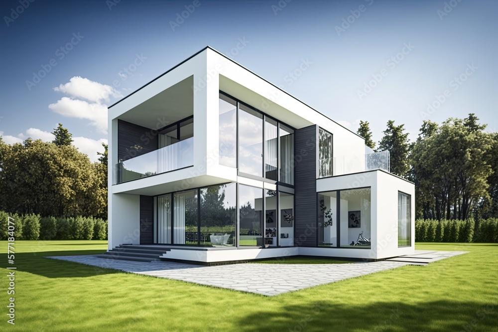 Ultra modern house, luxurious with green lawn and trees. Generative AI Ultra modern house, luxurious with green lawn and trees. Generative AI